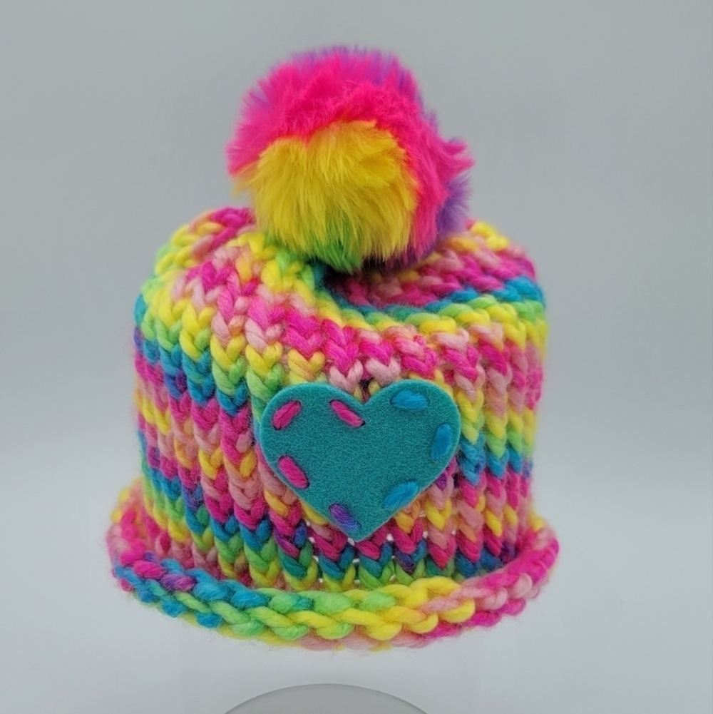 Knit Hat Rainbow Ombre Pom Pom Heart Child Size #1603